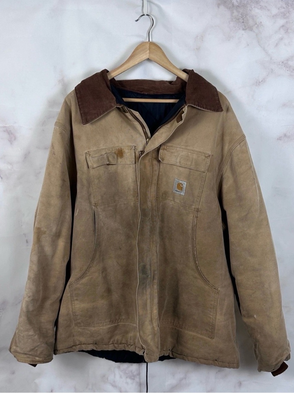 Vintage Carhartt Coat Tan Duck Chore Jacket Size XXL Canvas Work Distressed